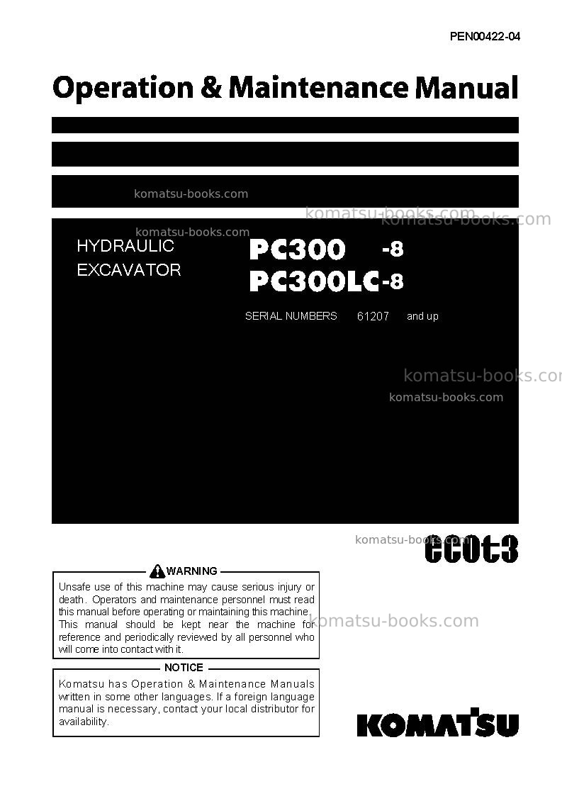 Komatsu pc300-8jpn-webasto heater spec., work equipment grease 100h Operation manual cover
