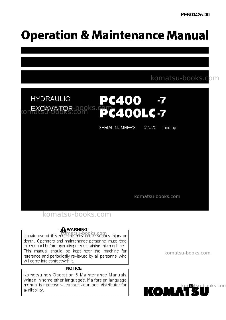 Komatsu pc400lc-7jpn--50c degree for cis Operation manual cover Komatsu pc400lc-7jpn--50c degree for cis Operation manual cover