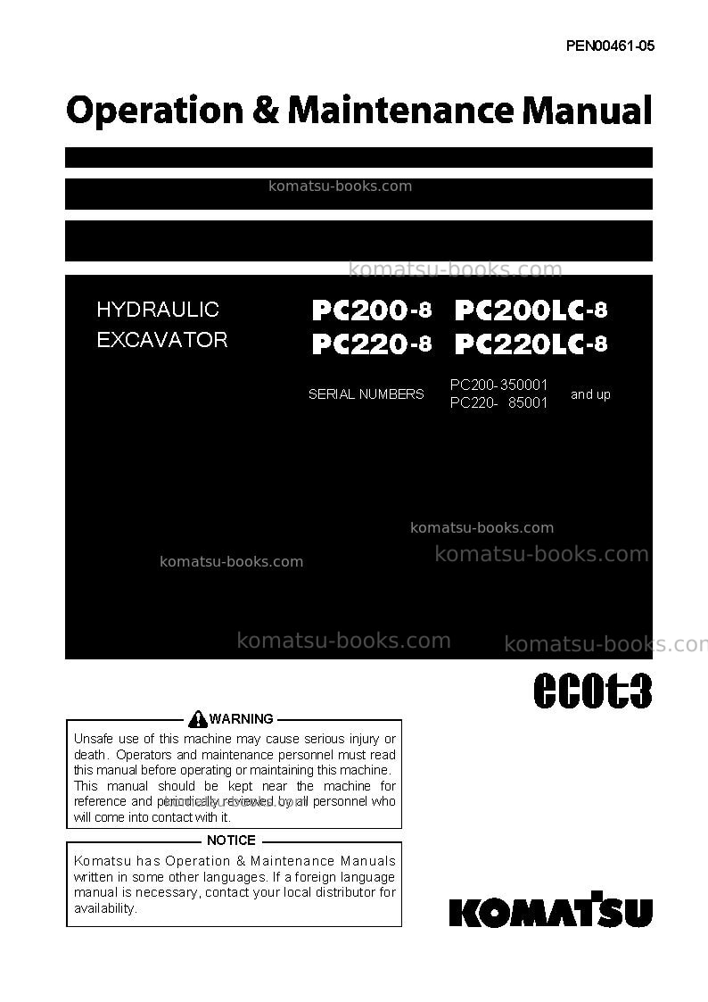 Komatsu pc200lc-8jpn-work equipment grease 100h Operation manual cover