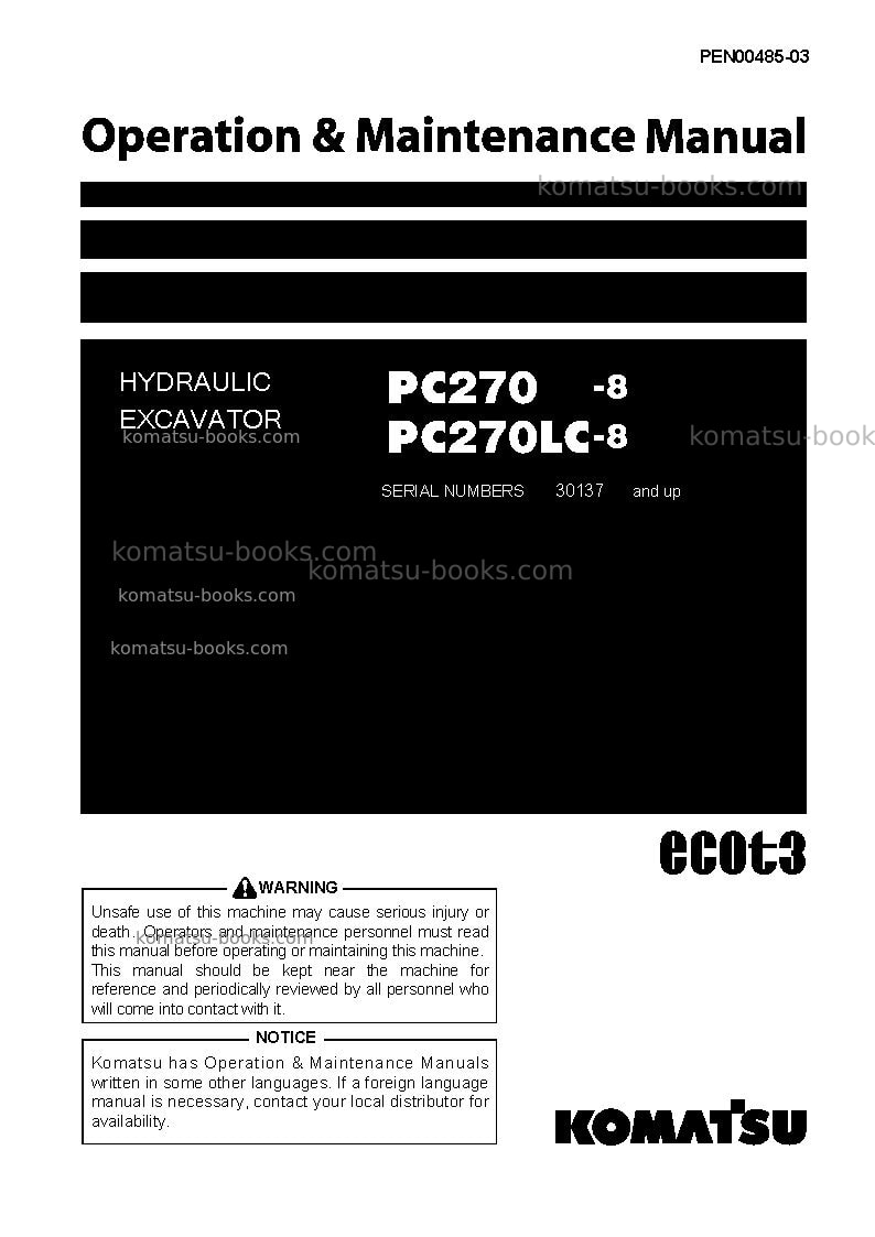 Komatsu pc270lc-8jpn-work equipment grease 100h Operation manual cover Komatsu pc270lc-8jpn-work equipment grease 100h Operation manual cover