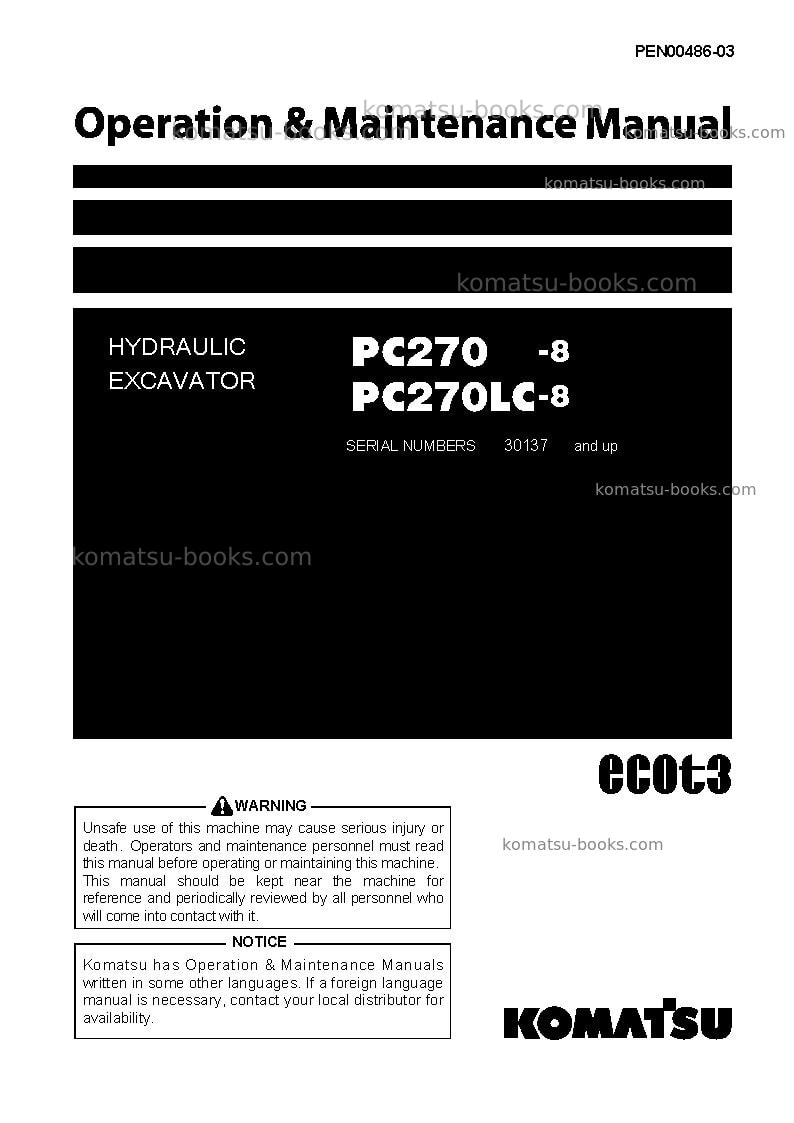 Komatsu pc270-8jpn-work equipment grease 500h Operation manual cover Komatsu pc270-8jpn-work equipment grease 500h Operation manual cover