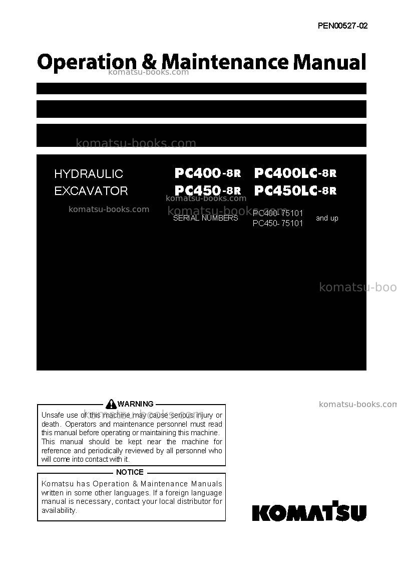 Komatsu pc400lc-8jpn-w/o egr, work equipment grease 500h Operation manual cover