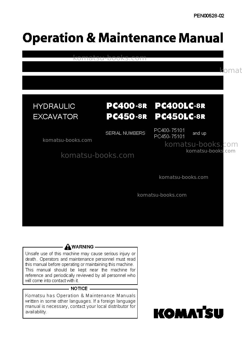 Komatsu pc400-8jpn-r, work equipment grease 100h Operation manual cover Komatsu pc400-8jpn-r, work equipment grease 100h Operation manual cover