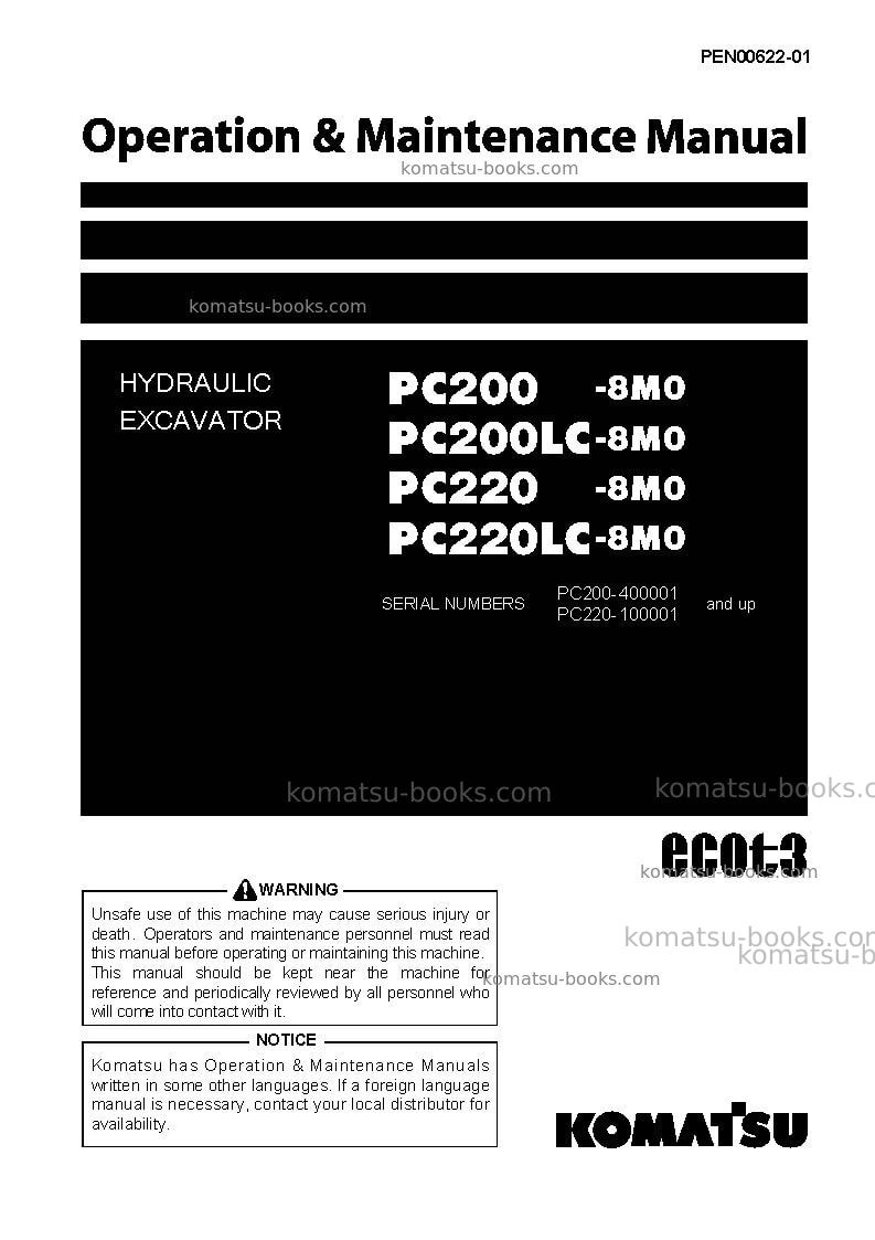Komatsu pc200-8jpn-m0, work equipment grease 100h Operation manual cover