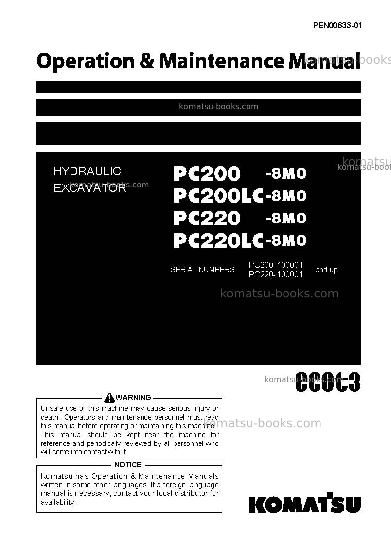 Komatsu pc200-8jpn-m0, work equipment grease 500h Operation manual cover Komatsu pc200-8jpn-m0, work equipment grease 500h Operation manual cover
