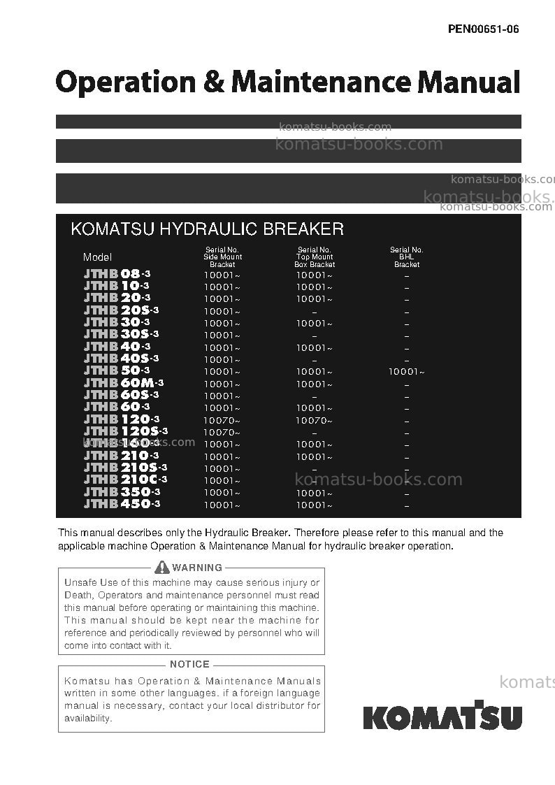 Komatsu jthb10-3jpn-hydraulic breaker Operation manual cover Komatsu jthb10-3jpn-hydraulic breaker Operation manual cover