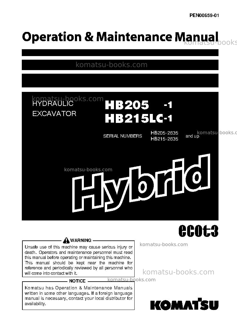 Komatsu hb205-1jpn-hybrid greasing interval 100 hour Operation manual cover Komatsu hb205-1jpn-hybrid greasing interval 100 hour Operation manual cover