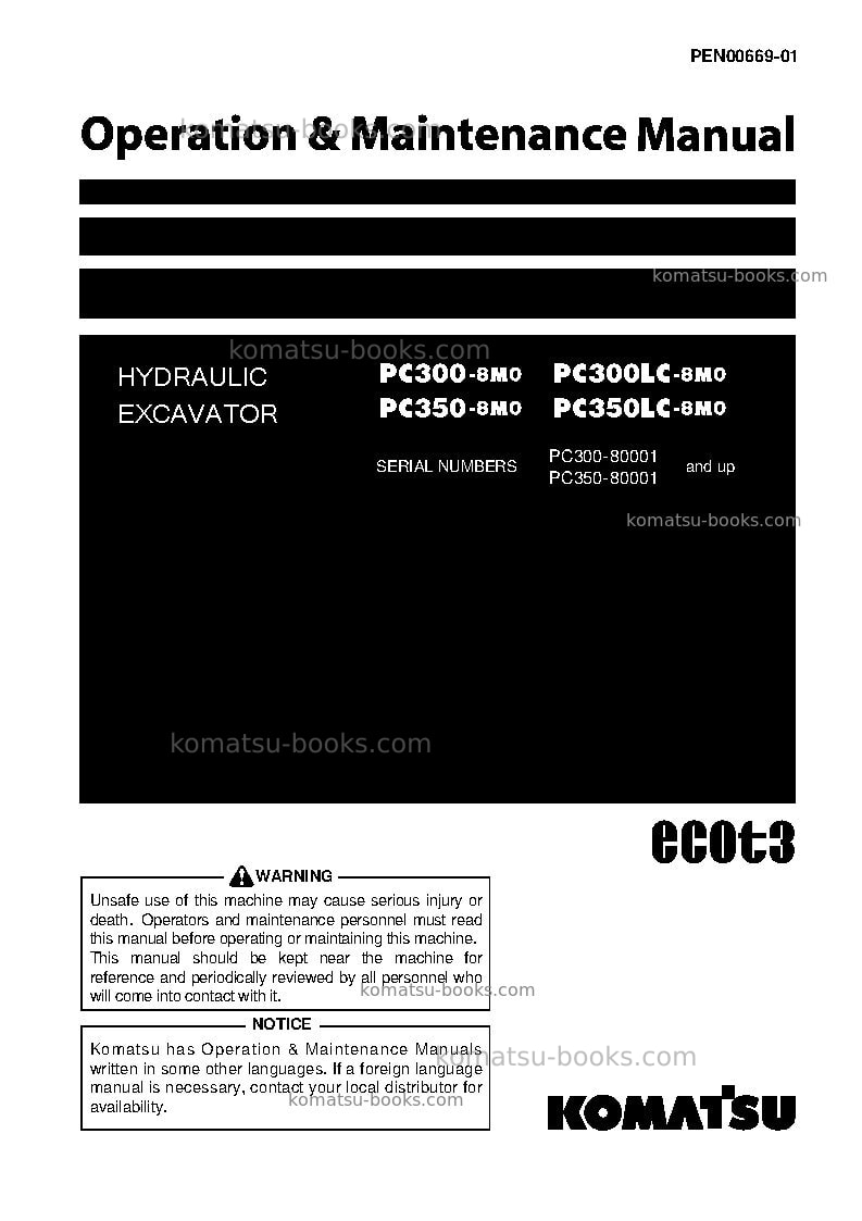 Komatsu pc300-8jpn-m0, work equipment grease 500h Operation manual cover