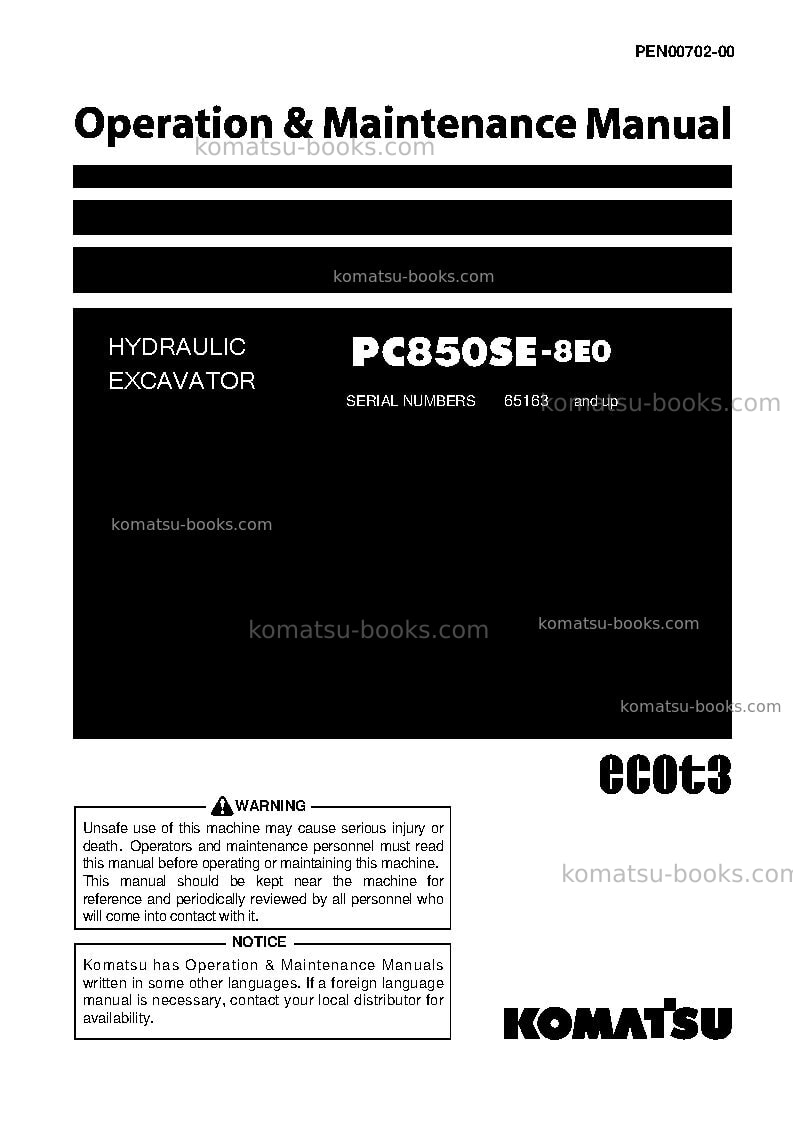 Komatsu pc850se-8jpn-e0, for turkey Operation manual cover