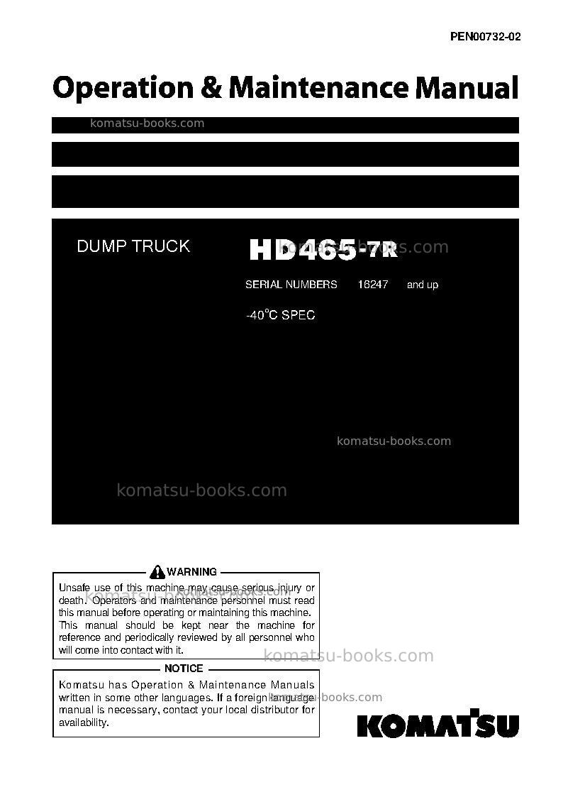 Komatsu hd465-7jpn-r, -40c degree Operation manual cover Komatsu hd465-7jpn-r, -40c degree Operation manual cover