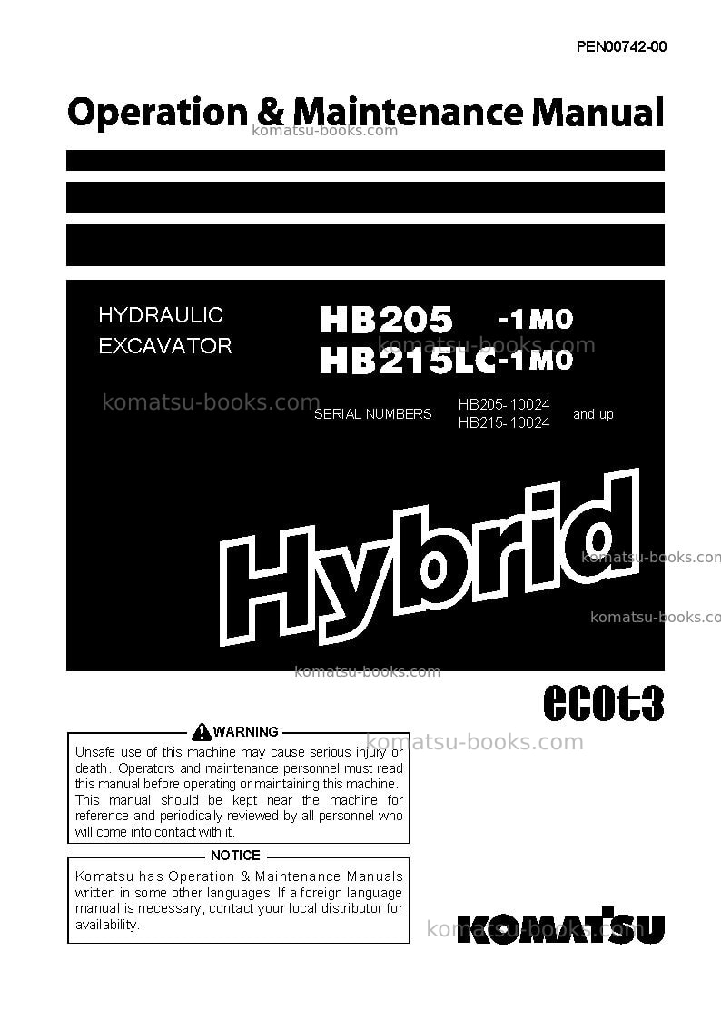 Komatsu hb205-1jpn-m0, greasing interval 100 hour Operation manual cover Komatsu hb205-1jpn-m0, greasing interval 100 hour Operation manual cover