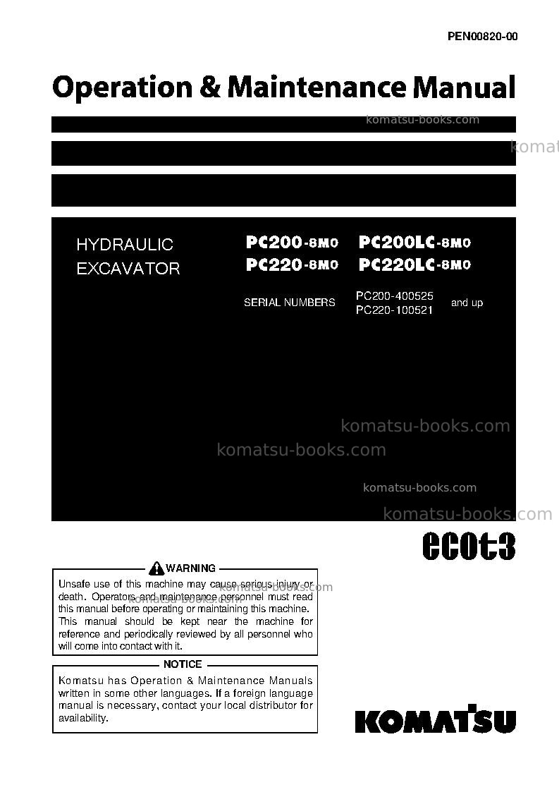 Komatsu pc200-8jpn-m0, work equipment grease 100h Operation manual cover Komatsu pc200-8jpn-m0, work equipment grease 100h Operation manual cover
