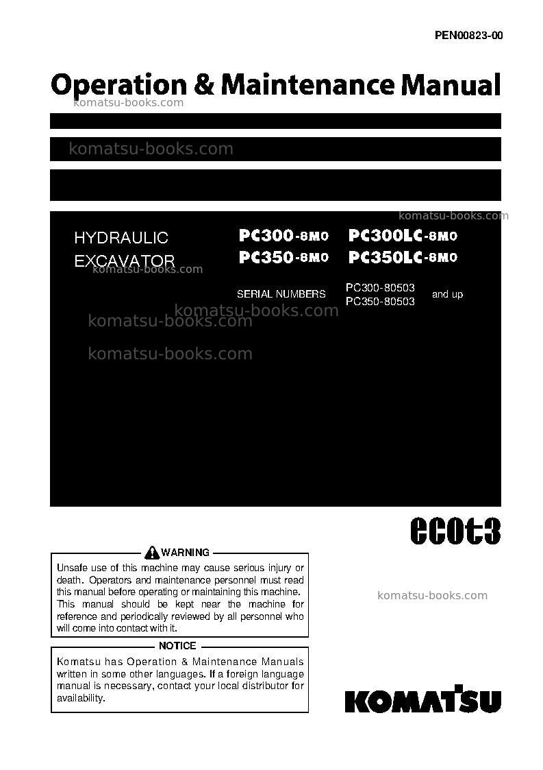Komatsu pc300-8jpn-m0, work equipment grease 500h Operation manual cover Komatsu pc300-8jpn-m0, work equipment grease 500h Operation manual cover