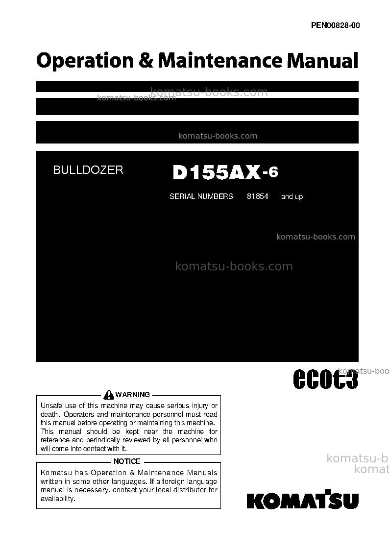 Komatsu d155ax-6jpn-for pso Operation manual cover Komatsu d155ax-6jpn-for pso Operation manual cover