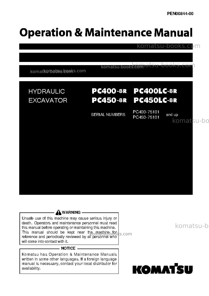 Komatsu pc400-8jpn-r, greasing 500h, all safety labels are pictorial Operation manual cover