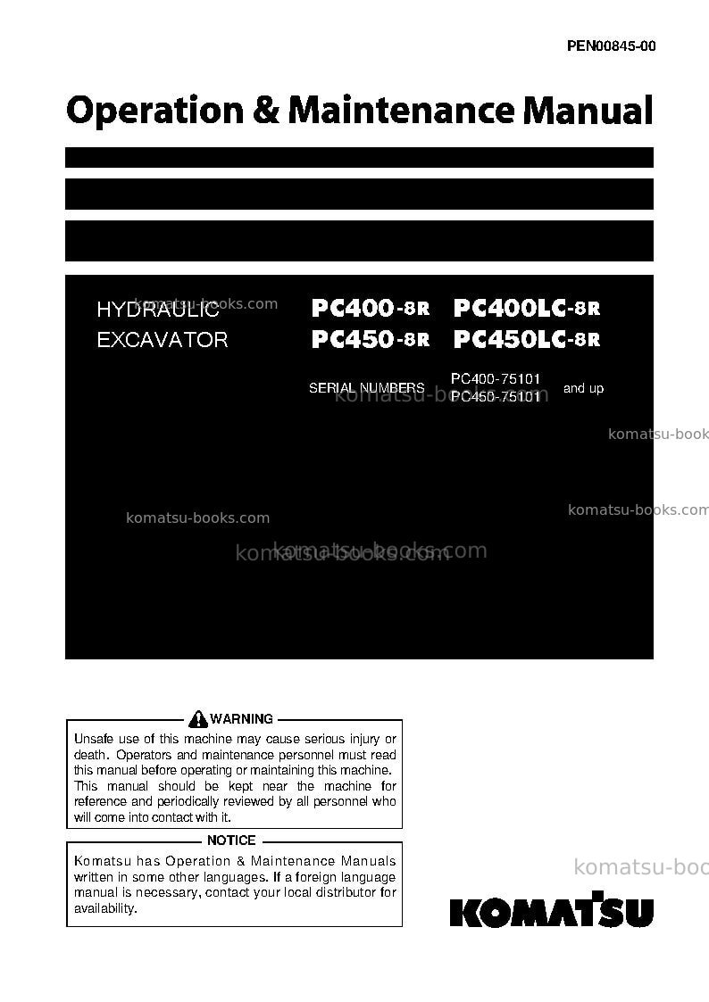 Komatsu pc400-8jpn-r, greasing 100h, all safety labels are pictorial Operation manual cover