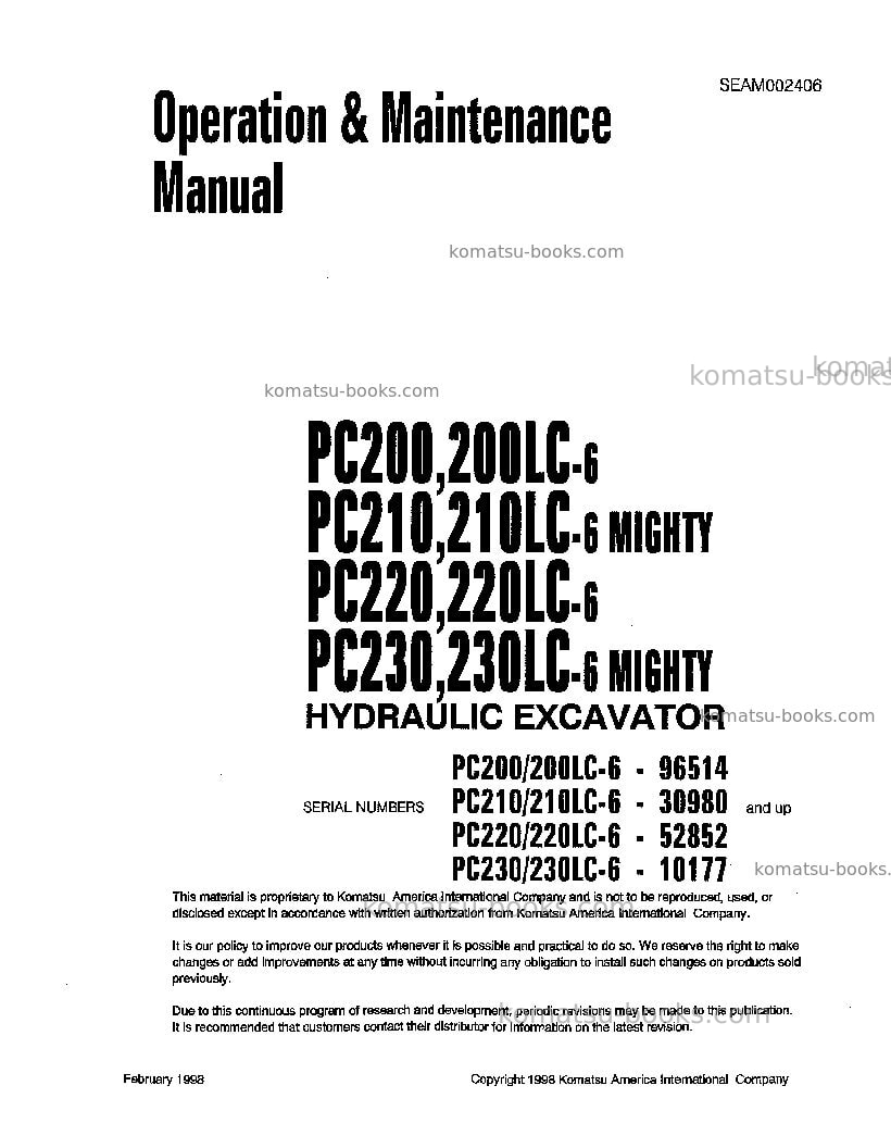 Komatsu pc210-6jpn Operation manual cover Komatsu pc210-6jpn Operation manual cover