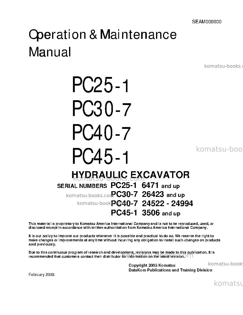 Komatsu pc40-7jpn Operation manual cover