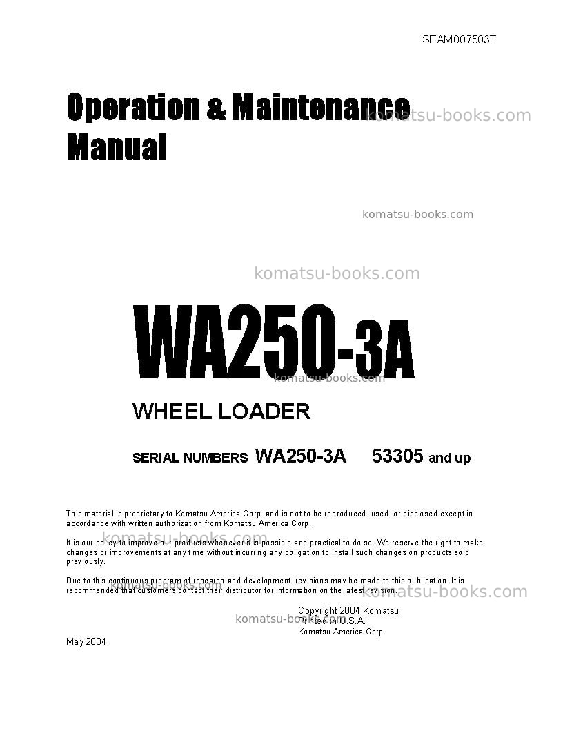 Komatsu wa250-3jpn-a Operation manual cover