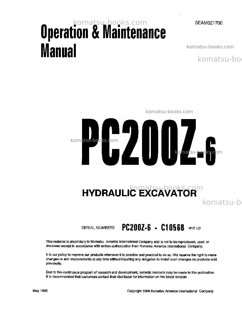 Komatsu pc200-6tha-b Operation manual cover