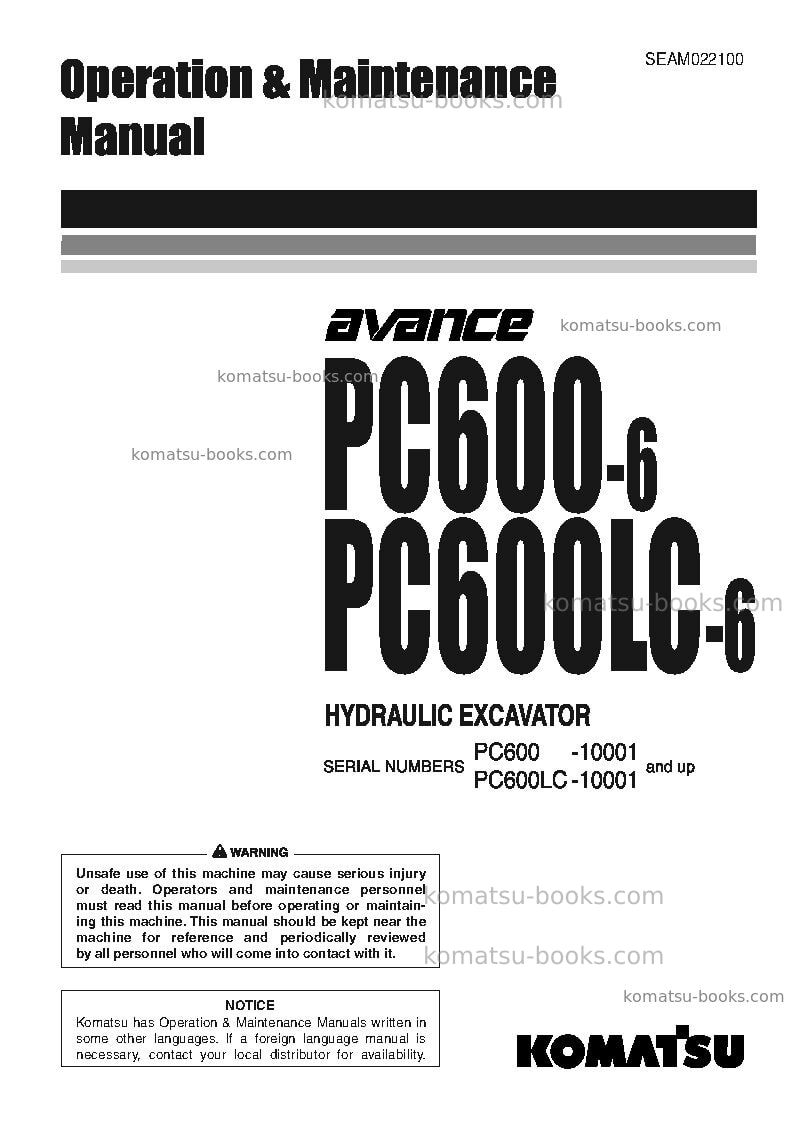 Komatsu pc600lc-6jpn Operation manual cover Komatsu pc600lc-6jpn Operation manual cover