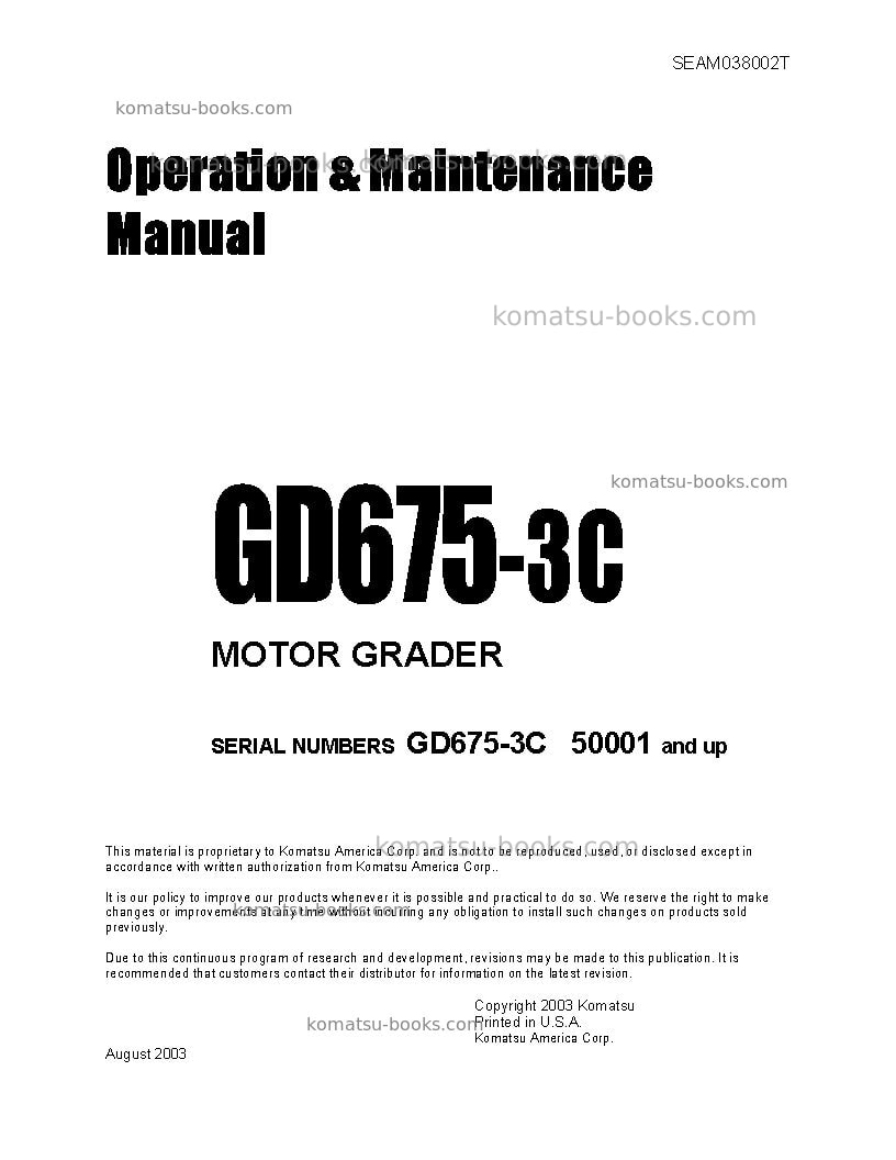 Komatsu gd675-3jpn-for n. america Operation manual cover
