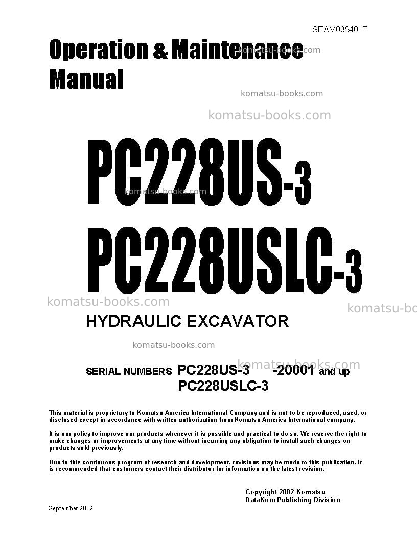 Komatsu pc228uslc-3jpn Operation manual cover Komatsu pc228uslc-3jpn Operation manual cover