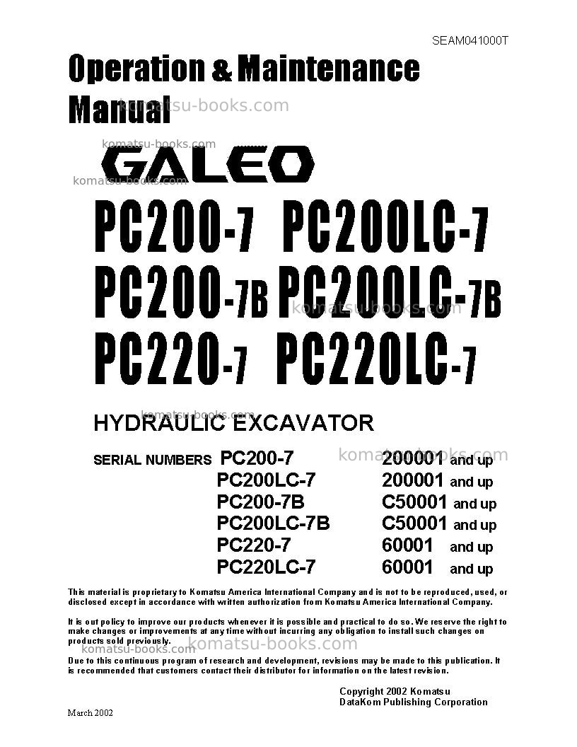 Komatsu pc220lc-7jpn Operation manual cover Komatsu pc220lc-7jpn Operation manual cover