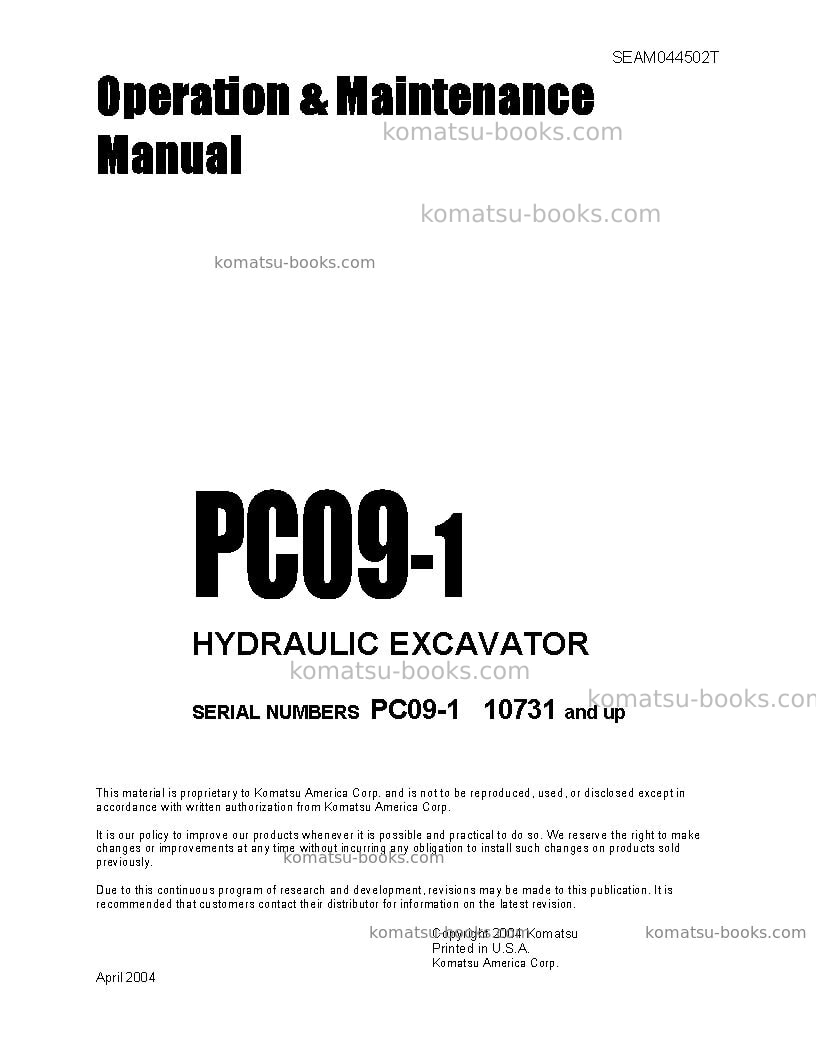 Komatsu pc09-1jpn Operation manual cover