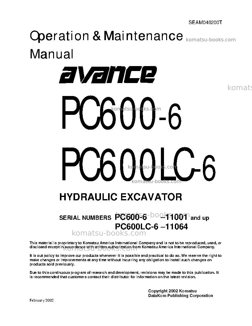 Komatsu pc600-6jpn Operation manual cover Komatsu pc600-6jpn Operation manual cover