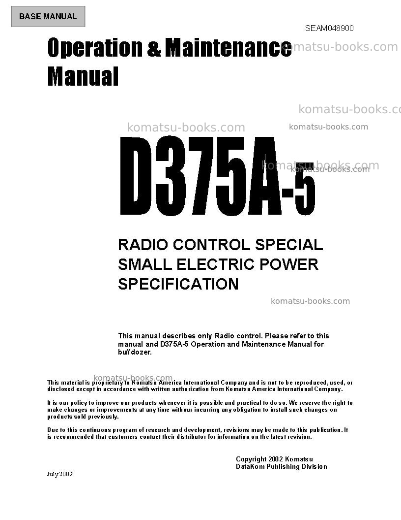 Komatsu d375a-5jpn-radio control Operation manual cover Komatsu d375a-5jpn-radio control Operation manual cover