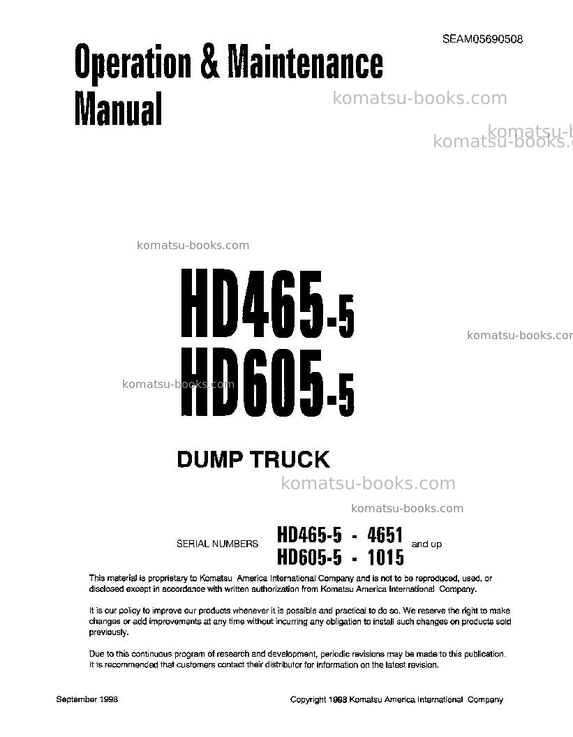 Komatsu hd605-5jpn Operation manual cover Komatsu hd605-5jpn Operation manual cover