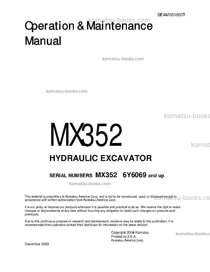 Komatsu mx352jpn Operation manual cover Komatsu mx352jpn Operation manual cover
