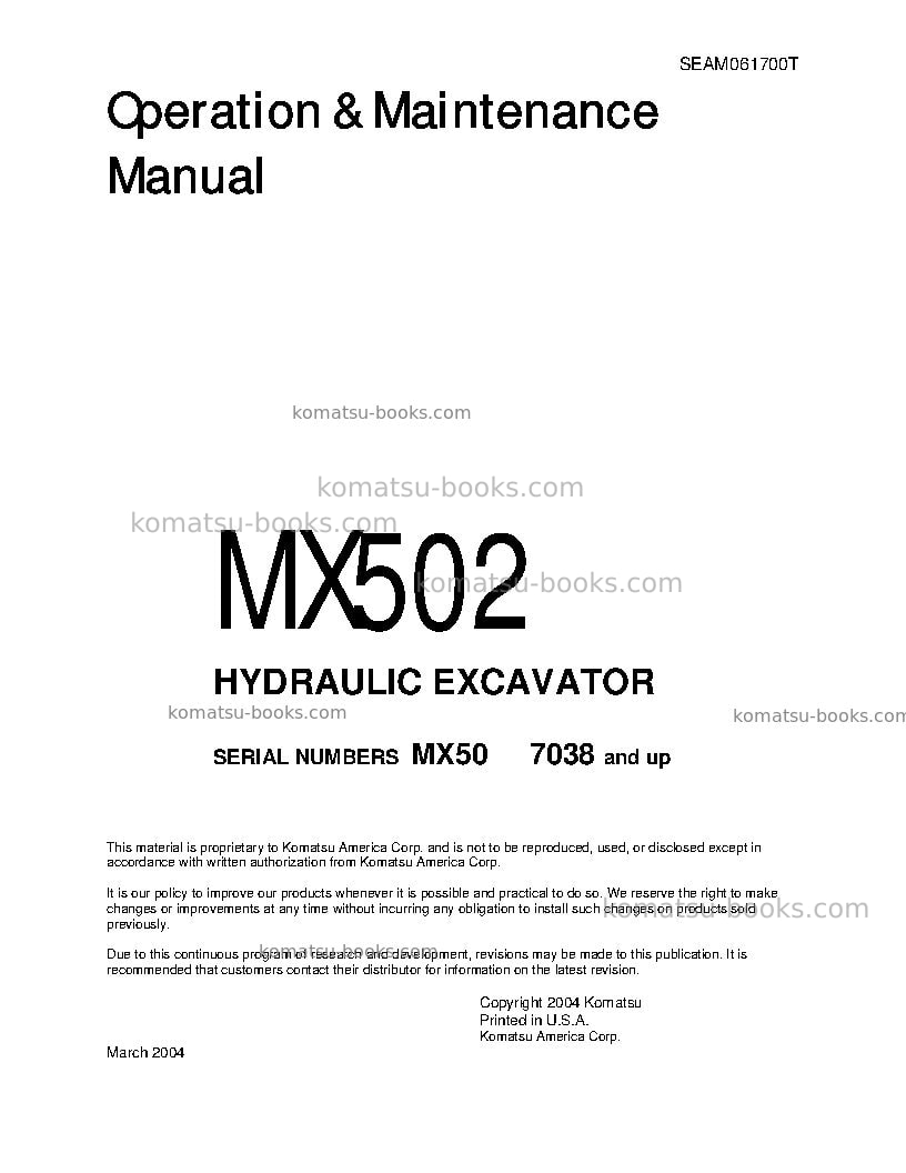 Komatsu mx502jpn Operation manual cover Komatsu mx502jpn Operation manual cover