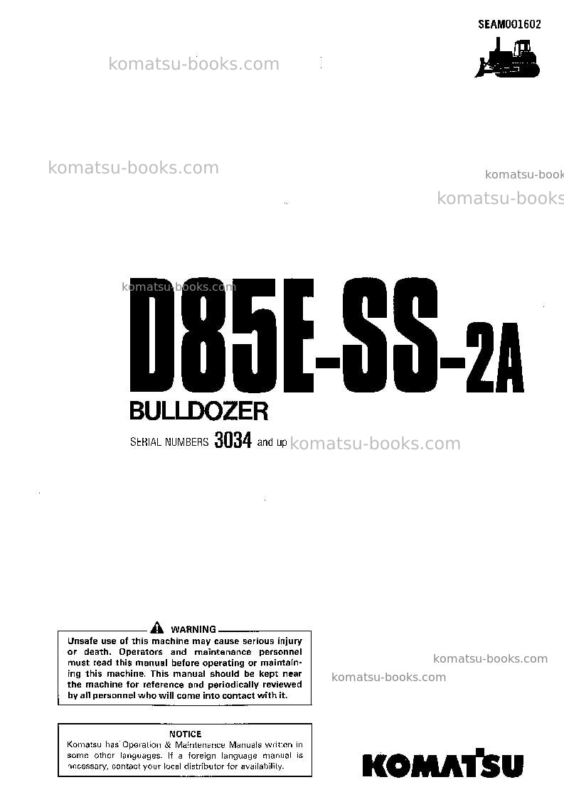 Komatsu d85ess-2jpn-a Operation manual cover