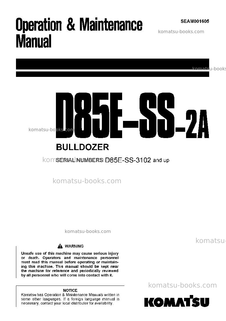 Komatsu d85ess-2jpn-a Operation manual cover Komatsu d85ess-2jpn-a Operation manual cover