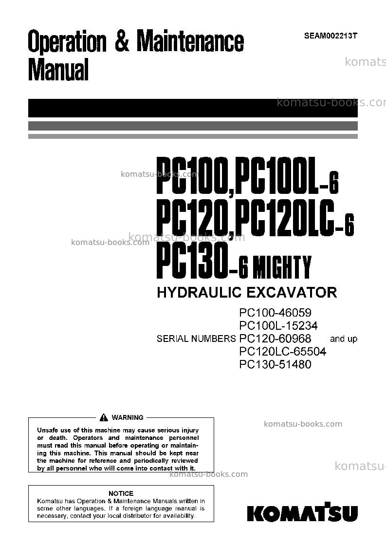 Komatsu pc100l-6jpn Operation manual cover Komatsu pc100l-6jpn Operation manual cover