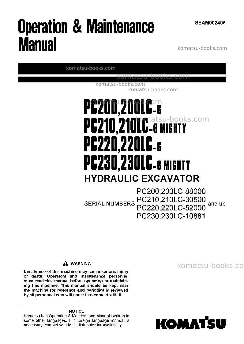 Komatsu pc210-6jpn Operation manual cover Komatsu pc210-6jpn Operation manual cover