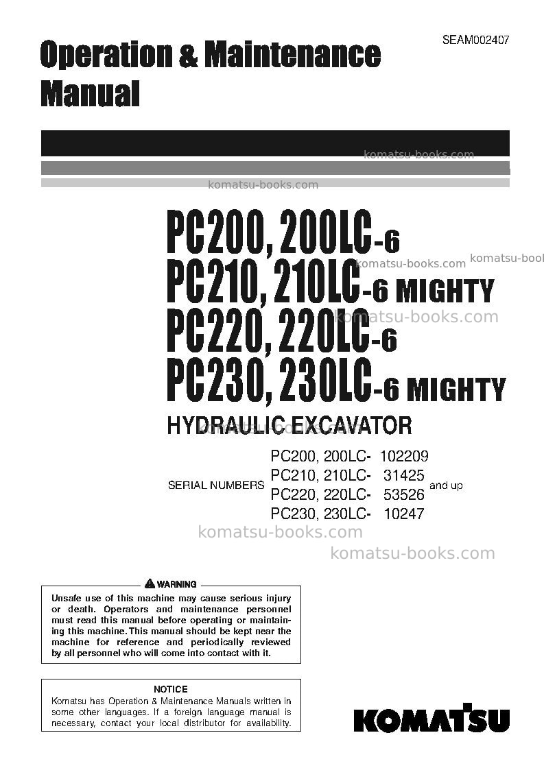 Komatsu pc210-6jpn Operation manual cover Komatsu pc210-6jpn Operation manual cover