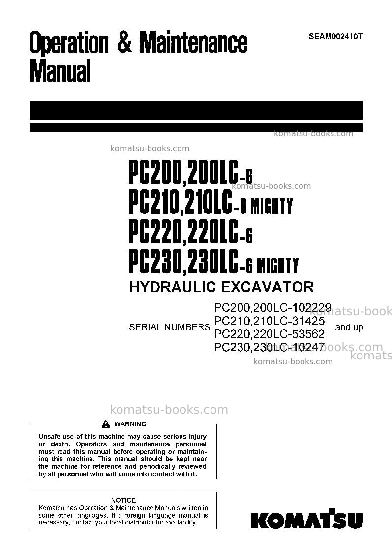 Komatsu pc210-6jpn Operation manual cover Komatsu pc210-6jpn Operation manual cover