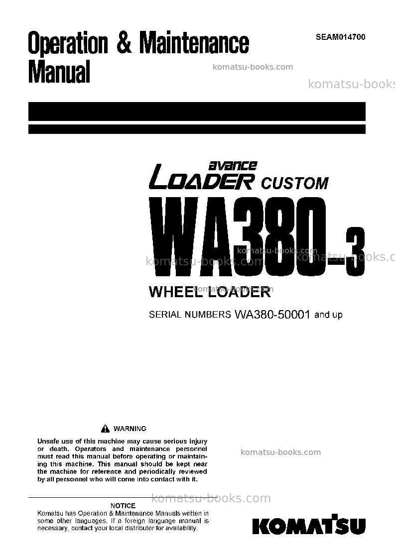 Komatsu wa380-3jpn-custom Operation manual cover Komatsu wa380-3jpn-custom Operation manual cover
