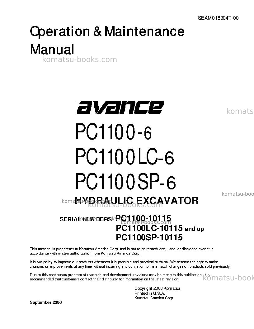 Komatsu pc1100-6jpn Operation manual cover Komatsu pc1100-6jpn Operation manual cover