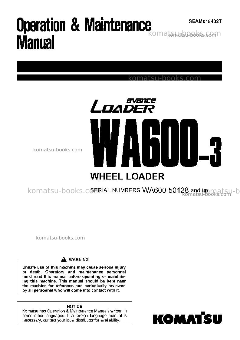 Komatsu wa600-3jpn Operation manual cover Komatsu wa600-3jpn Operation manual cover