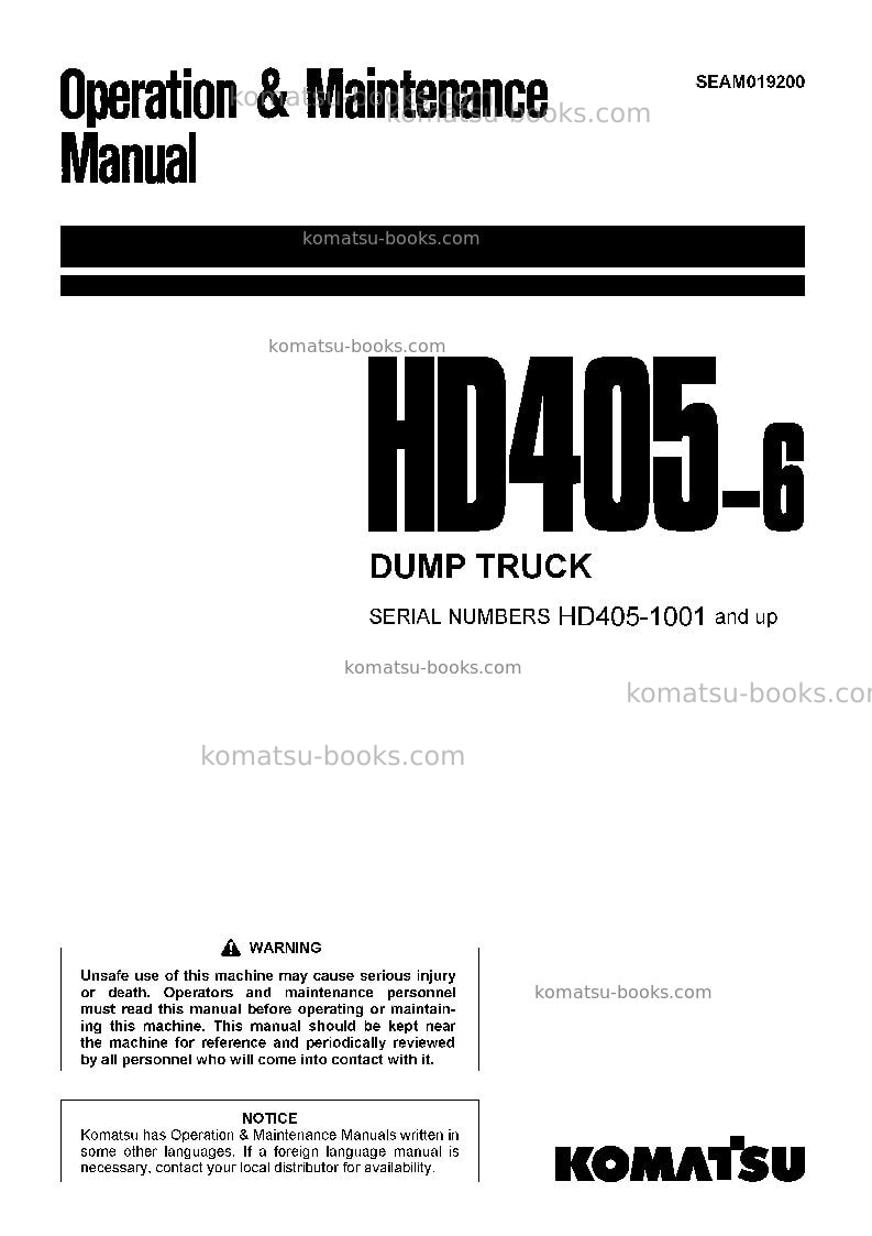 Komatsu hd405-6jpn Operation manual cover