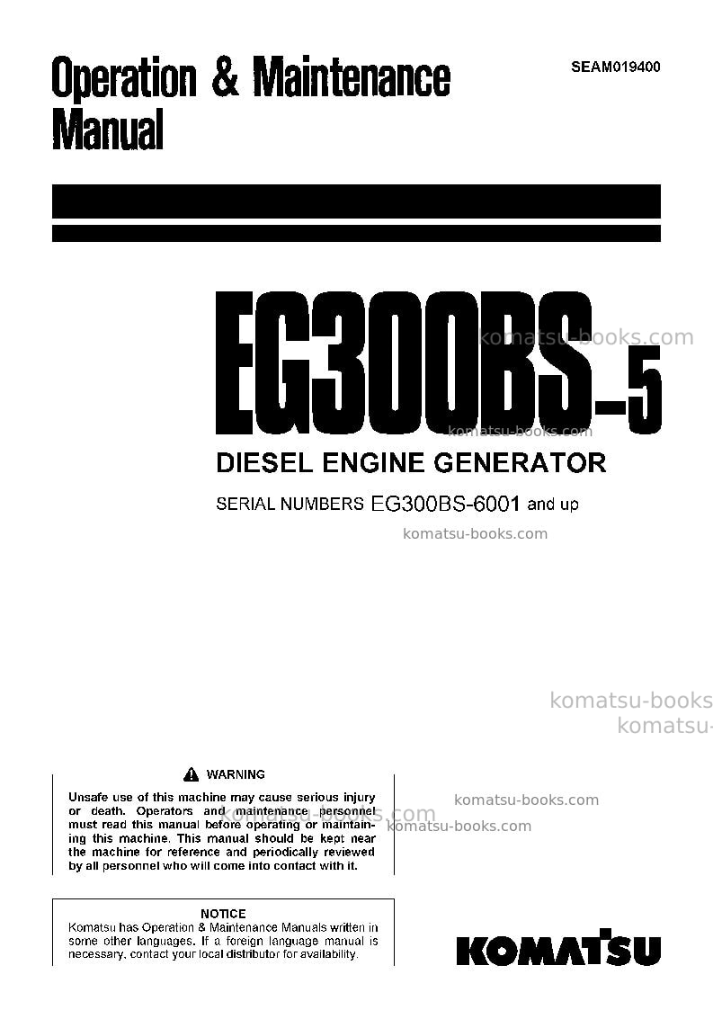 Komatsu eg300bs-5jpn Operation manual cover Komatsu eg300bs-5jpn Operation manual cover