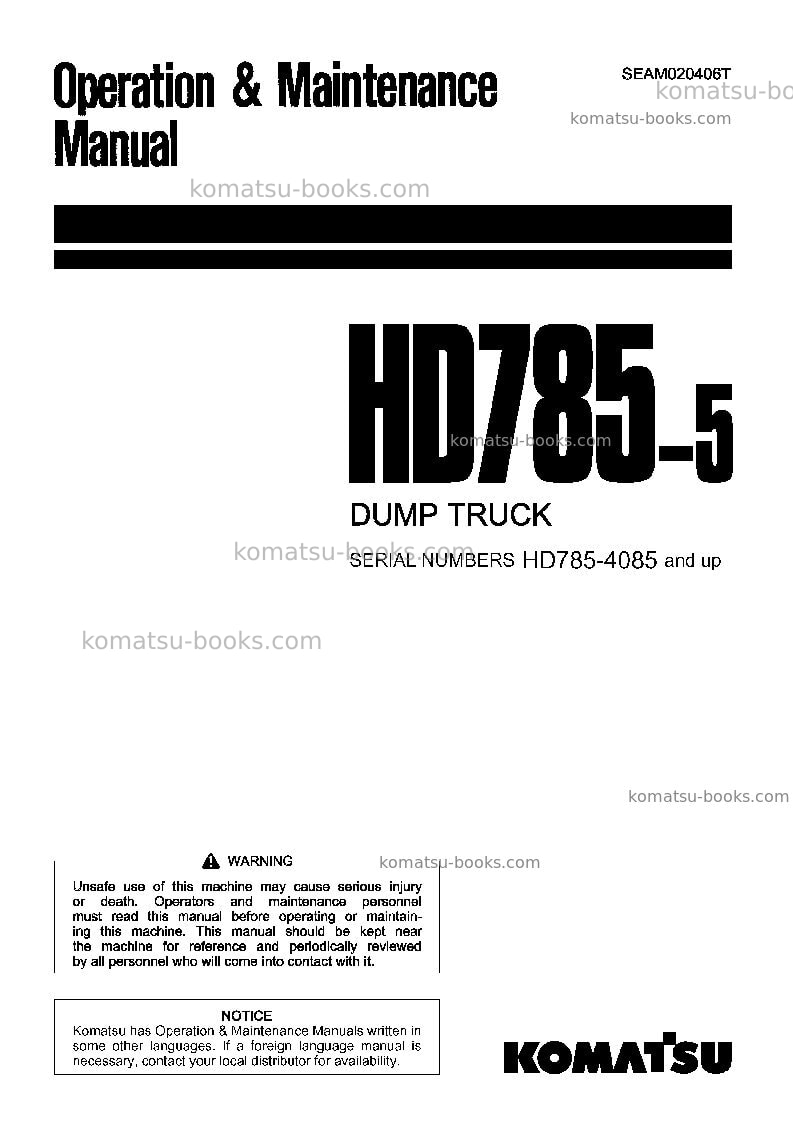Komatsu hd785-5jpn Operation manual cover Komatsu hd785-5jpn Operation manual cover