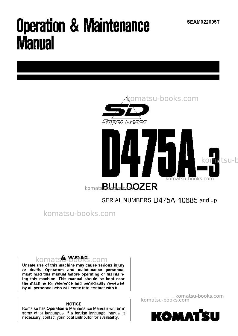 Komatsu d475a-3jpn-super dozer Operation manual cover Komatsu d475a-3jpn-super dozer Operation manual cover