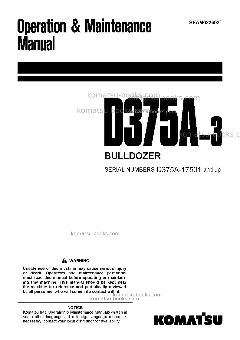 Komatsu d375a-3jpn-7-track roller Operation manual cover Komatsu d375a-3jpn-7-track roller Operation manual cover