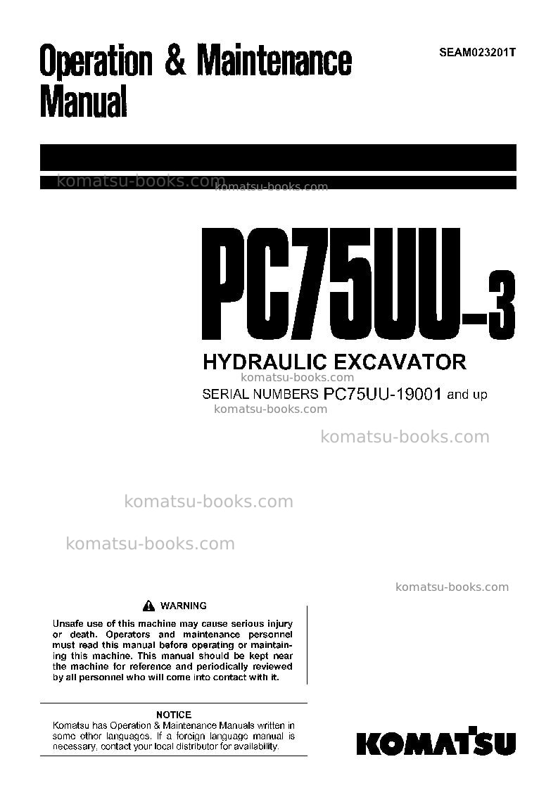 Komatsu pc75uu-3jpn Operation manual cover Komatsu pc75uu-3jpn Operation manual cover