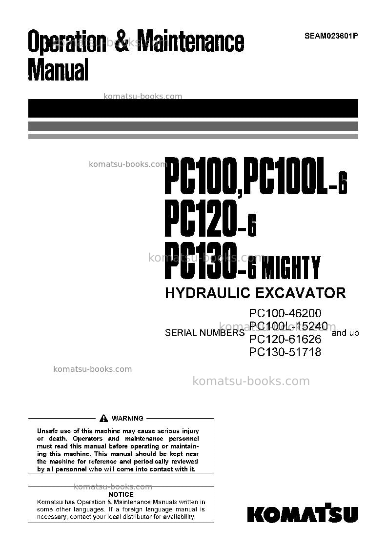 Komatsu pc100l-6jpn Operation manual cover Komatsu pc100l-6jpn Operation manual cover